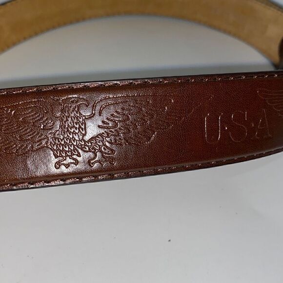 Men's Genuine Leather Belt Embossed Eagle USA Patriotic Logo Brown Large 42" - Picture 4 of 7